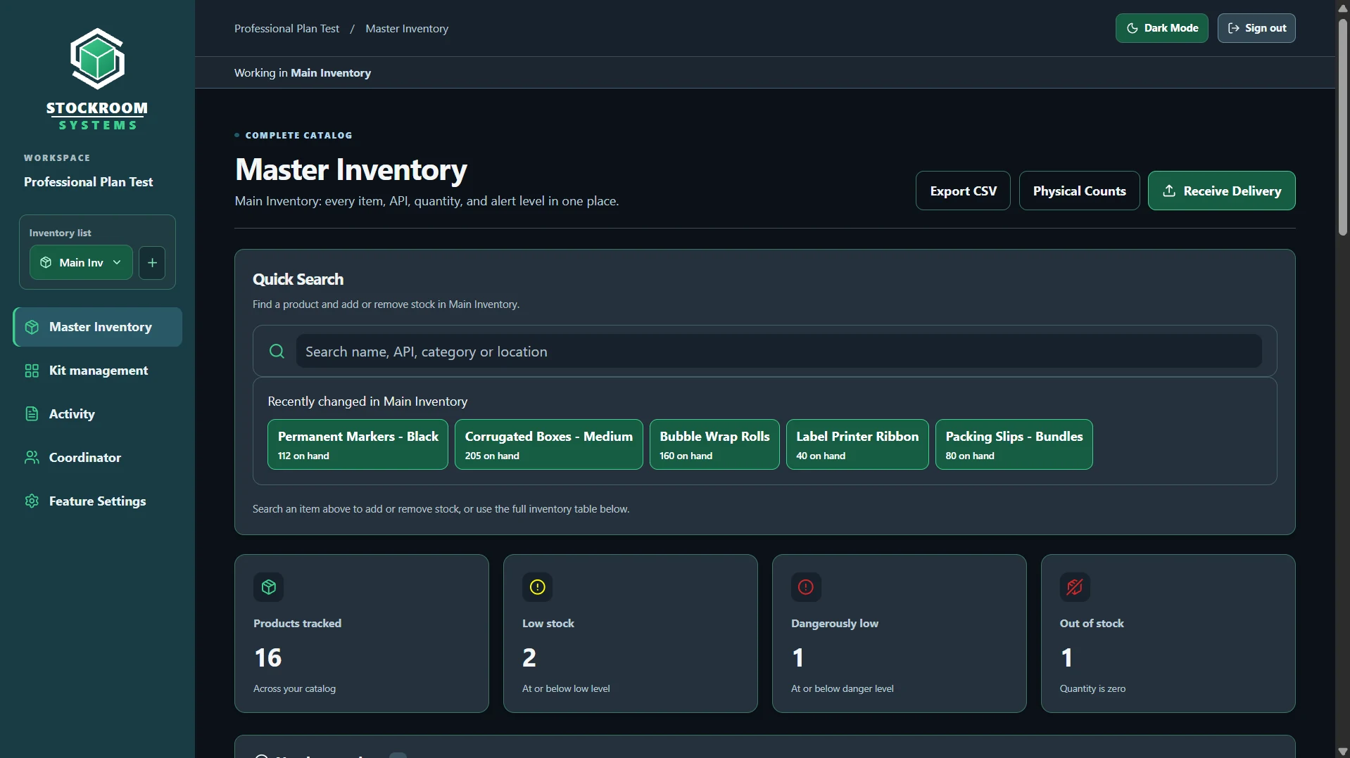 Actual Stockroom Systems Master Inventory dashboard